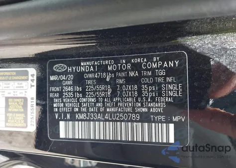 2020 Hyundai Tucson Sel z USA, uszkodzony, nr VIN KM8J33AL4LU250789